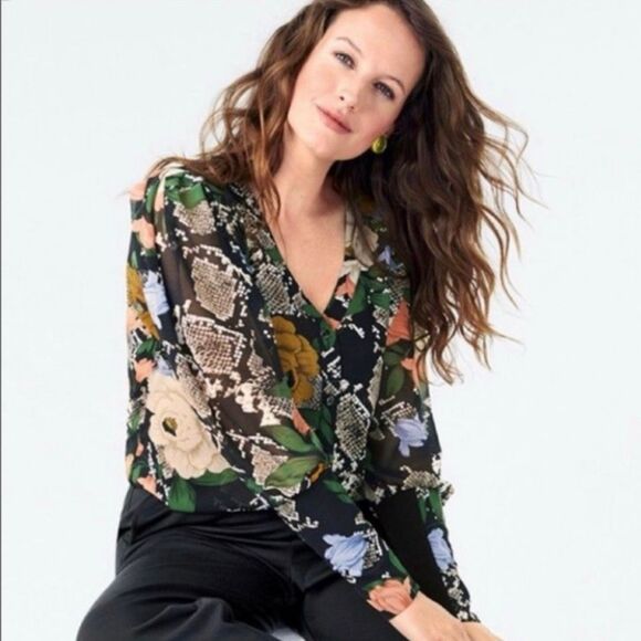 Cabi Snake Charmer Floral Sheer Blouse Long Puff Sleeves Navy Women Small 3762 - Picture 9 of 10